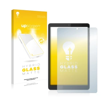 Vorderseite einer Produktverpackung mit dem Markenlogo upscreen. Daneben ist das Gerät Lenovo Tab M8 (4. Gen.) mit dem zugehör