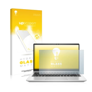 Vorderseite einer Produktverpackung mit dem Markenlogo upscreen. Daneben ist das Gerät HP ProBook 445 G8 mit dem zugehörigen D