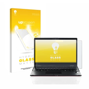 Vorderseite einer Produktverpackung mit dem Markenlogo upscreen. Daneben ist das Gerät Fujitsu Lifebook U9311X mit dem zugehör