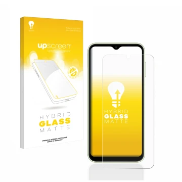 Vorderseite einer Produktverpackung mit dem Markenlogo upscreen. Daneben ist das Gerät Samsung Galaxy A14 4G mit dem zugehörig