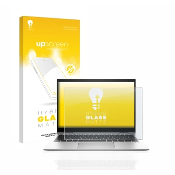 Vorderseite einer Produktverpackung mit dem Markenlogo upscreen. Daneben ist das Gerät HP EliteBook x360 830 G9 mit dem zugehö