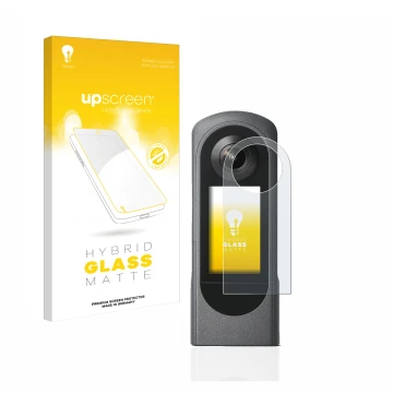 Vorderseite einer Produktverpackung mit dem Markenlogo upscreen. Daneben ist das Gerät Ricoh Theta X mit dem zugehörigen Displ