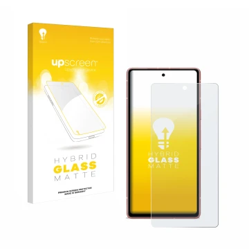 Vorderseite einer Produktverpackung mit dem Markenlogo upscreen. Daneben ist das Gerät Google Pixel 7a mit dem zugehörigen Dis