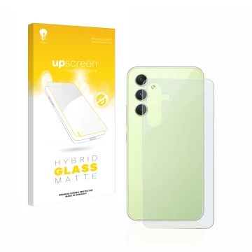 Vorderseite einer Produktverpackung mit dem Markenlogo upscreen. Daneben ist das Gerät Samsung Galaxy A54 5G (Rückseite) mit d