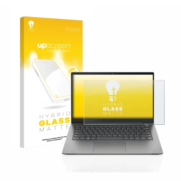 Vorderseite einer Produktverpackung mit dem Markenlogo upscreen. Daneben ist das Gerät Lenovo ThinkBook 14 Gen 4 mit dem zugeh