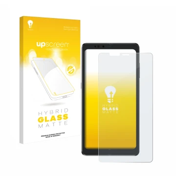 Vorderseite einer Produktverpackung mit dem Markenlogo upscreen. Daneben ist das Gerät Hisense A9 mit dem zugehörigen Displays