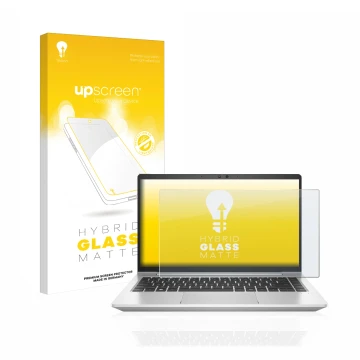 Vorderseite einer Produktverpackung mit dem Markenlogo upscreen. Daneben ist das Gerät HP EliteBook 640 G9 mit dem zugehörigen