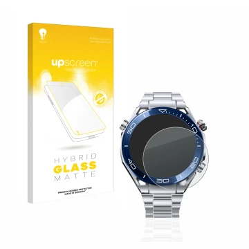 Vorderseite einer Produktverpackung mit dem Markenlogo upscreen. Daneben ist das Gerät Huawei Watch Ultimate (48.5 mm) mit dem