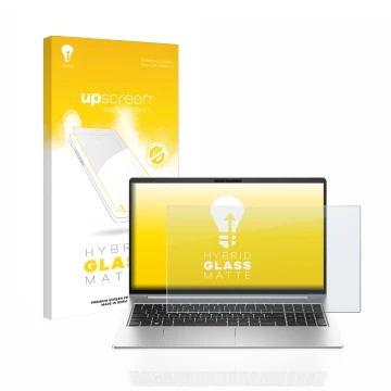 Vorderseite einer Produktverpackung mit dem Markenlogo upscreen. Daneben ist das Gerät HP ProBook 450 G10 mit dem zugehörigen 