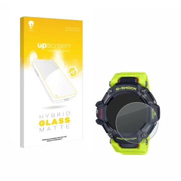 Vorderseite einer Produktverpackung mit dem Markenlogo upscreen. Daneben ist das Gerät Casio G-Shock GBD-H2000 mit dem zugehör