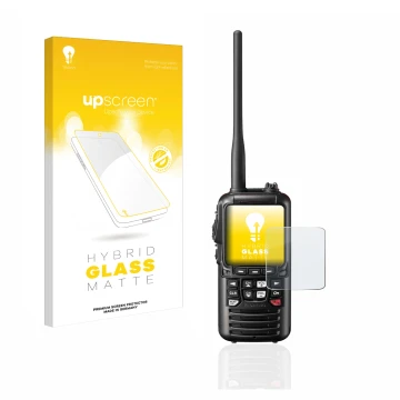 Vorderseite einer Produktverpackung mit dem Markenlogo upscreen. Daneben ist das Gerät Standard Horizon HX890 mit dem zugehöri