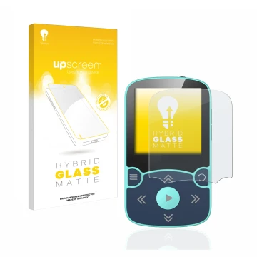 Vorderseite einer Produktverpackung mit dem Markenlogo upscreen. Daneben ist das Gerät AGPtek A65X MP3 Player with clip mit de