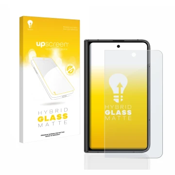 Vorderseite einer Produktverpackung mit dem Markenlogo upscreen. Daneben ist das Gerät Google Pixel Fold (Äußeres Display) mit