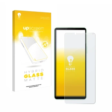 Vorderseite einer Produktverpackung mit dem Markenlogo upscreen. Daneben ist das Gerät Sony Xperia 10 V mit dem zugehörigen Di