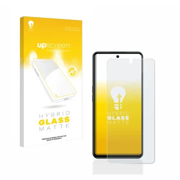 Vorderseite einer Produktverpackung mit dem Markenlogo upscreen. Daneben ist das Gerät Oppo A98 5G mit dem zugehörigen Display