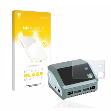 Vorderseite einer Produktverpackung mit dem Markenlogo upscreen. Daneben ist das Gerät SkyRc D200 neo mit dem zugehörigen Disp