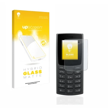 Vorderseite einer Produktverpackung mit dem Markenlogo upscreen. Daneben ist das Gerät Nokia 110 (2023) mit dem zugehörigen Di
