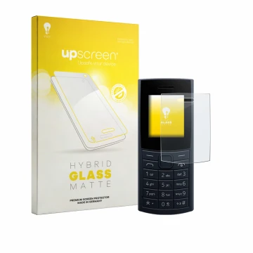 Vorderseite einer Produktverpackung mit dem Markenlogo upscreen. Daneben ist das Gerät Nokia 110 4G (2023) mit dem zugehörigen