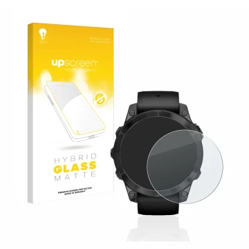 Vorderseite einer Produktverpackung mit dem Markenlogo upscreen. Daneben ist das Gerät Garmin Epix Pro (Gen 2) (47 mm) mit dem