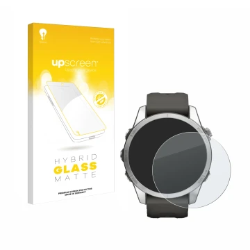 Vorderseite einer Produktverpackung mit dem Markenlogo upscreen. Daneben ist das Gerät Garmin Fenix 7S Pro Solar (42 mm) mit d