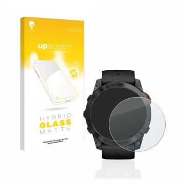 Vorderseite einer Produktverpackung mit dem Markenlogo upscreen. Daneben ist das Gerät Garmin Fenix 7X Pro Solar (51 mm) mit d