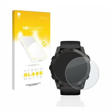 Vorderseite einer Produktverpackung mit dem Markenlogo upscreen. Daneben ist das Gerät Garmin Epix Pro (Gen 2) (51 mm) mit dem