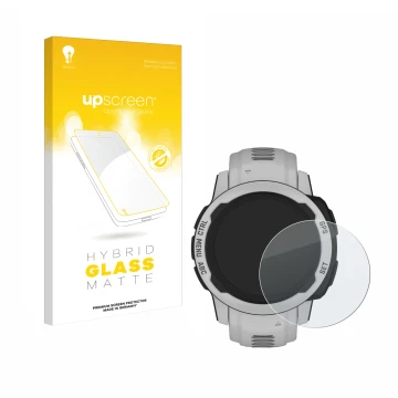 Vorderseite einer Produktverpackung mit dem Markenlogo upscreen. Daneben ist das Gerät Garmin Instinct 2S Solar (40 mm) mit de