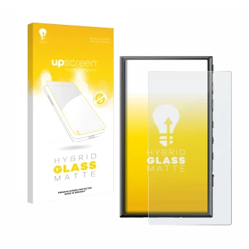 Vorderseite einer Produktverpackung mit dem Markenlogo upscreen. Daneben ist das Gerät Sony Walkman NW-A306 mit dem zugehörige