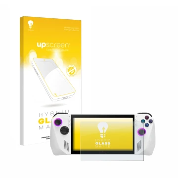 Vorderseite einer Produktverpackung mit dem Markenlogo upscreen. Daneben ist das Gerät ASUS ROG Ally (2023) RC71L mit dem zuge