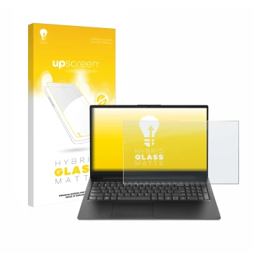 Vorderseite einer Produktverpackung mit dem Markenlogo upscreen. Daneben ist das Gerät Lenovo V15 Gen 4 AMN mit dem zugehörige