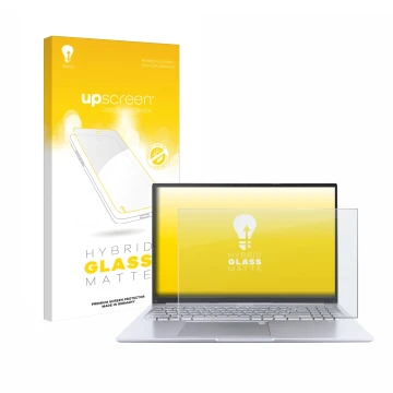 Vorderseite einer Produktverpackung mit dem Markenlogo upscreen. Daneben ist das Gerät ASUS Vivobook 16 M1605 mit dem zugehöri
