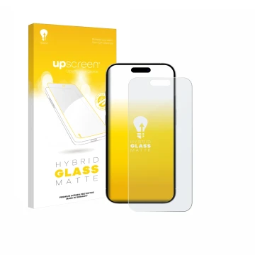 Vorderseite einer Produktverpackung mit dem Markenlogo upscreen. Daneben ist das Gerät Apple iPhone 15 mit dem zugehörigen Dis