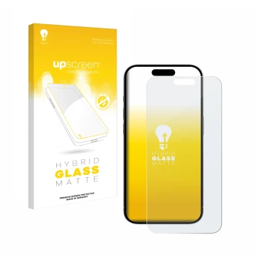 Vorderseite einer Produktverpackung mit dem Markenlogo upscreen. Daneben ist das Gerät Apple iPhone 15 Pro Max mit dem zugehör