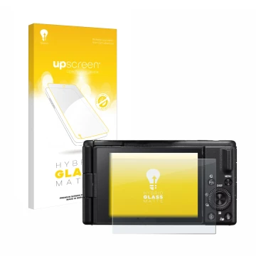 Vorderseite einer Produktverpackung mit dem Markenlogo upscreen. Daneben ist das Gerät Sony ZV-1M2 mit dem zugehörigen Display