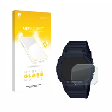 Vorderseite einer Produktverpackung mit dem Markenlogo upscreen. Daneben ist das Gerät Casio G-Shock GMD-S5600 mit dem zugehör