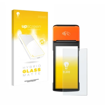 Vorderseite einer Produktverpackung mit dem Markenlogo upscreen. Daneben ist das Gerät Sunmi V2 Pro mit dem zugehörigen Displa