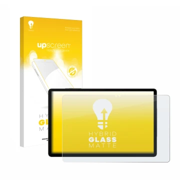Vorderseite einer Produktverpackung mit dem Markenlogo upscreen. Daneben ist das Gerät Samsung Galaxy Tab S9 5G mit dem zugehö