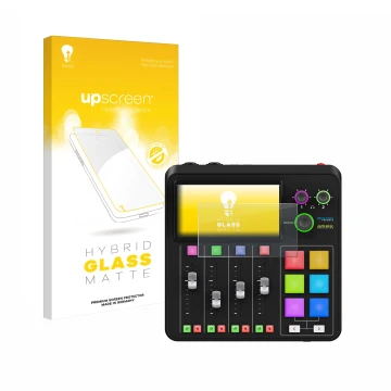 Vorderseite einer Produktverpackung mit dem Markenlogo upscreen. Daneben ist das Gerät Rode Rodecaster Duo mit dem zugehörigen