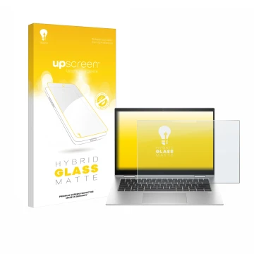 Vorderseite einer Produktverpackung mit dem Markenlogo upscreen. Daneben ist das Gerät HP EliteBook x360 1040 G10 mit dem zuge