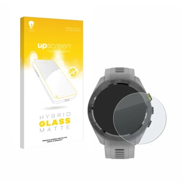 Vorderseite einer Produktverpackung mit dem Markenlogo upscreen. Daneben ist das Gerät Garmin Approach S70 (42 mm) mit dem zug