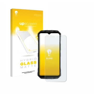 Vorderseite einer Produktverpackung mit dem Markenlogo upscreen. Daneben ist das Gerät Doogee V30T mit dem zugehörigen Display