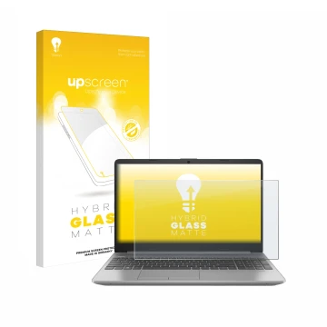 Vorderseite einer Produktverpackung mit dem Markenlogo upscreen. Daneben ist das Gerät HP 250 G9 mit dem zugehörigen Displaysc