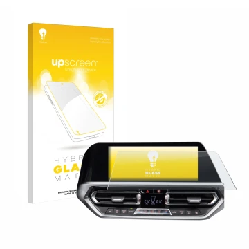 Vorderseite einer Produktverpackung mit dem Markenlogo upscreen. Daneben ist das Gerät BMW 3 G20 2020 mit dem zugehörigen Disp