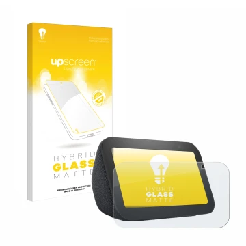 Vorderseite einer Produktverpackung mit dem Markenlogo upscreen. Daneben ist das Gerät Amazon Echo Show 5 (3. Gen.) mit dem zu