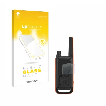 Vorderseite einer Produktverpackung mit dem Markenlogo upscreen. Daneben ist das Gerät Motorola Talkabout T82 mit dem zugehöri