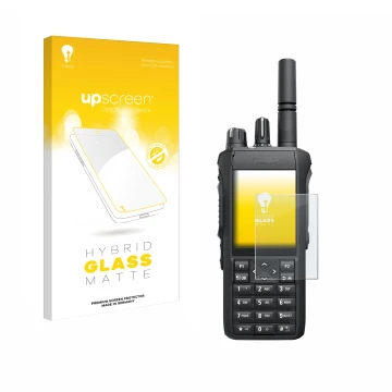 Vorderseite einer Produktverpackung mit dem Markenlogo upscreen. Daneben ist das Gerät Motorola Mototrbo R7 mit dem zugehörige