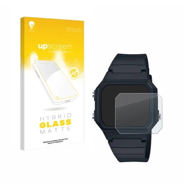 Vorderseite einer Produktverpackung mit dem Markenlogo upscreen. Daneben ist das Gerät Casio W-217H-1AVCF mit dem zugehörigen 