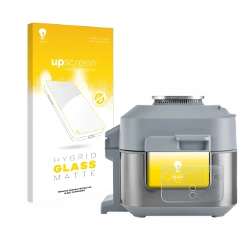 Vorderseite einer Produktverpackung mit dem Markenlogo upscreen. Daneben ist das Gerät Ninja Speedi Rapid Cooking System mit d