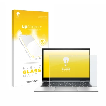 Vorderseite einer Produktverpackung mit dem Markenlogo upscreen. Daneben ist das Gerät HP EliteBook x360 830 G10 mit dem zugeh