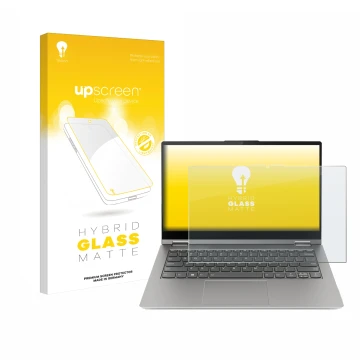 Vorderseite einer Produktverpackung mit dem Markenlogo upscreen. Daneben ist das Gerät Lenovo ThinkBook 14s Yoga G3 mit dem zu